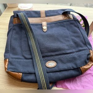 Fossil Unisex Navy Denim and Brown Leather Crossbody Messenger Bag